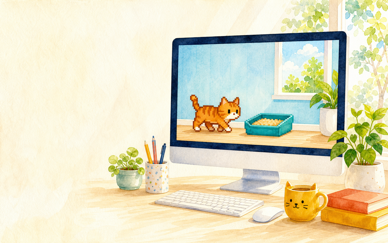 明亮水彩办公室中，像素橘猫在显示器里走向猫砂盆